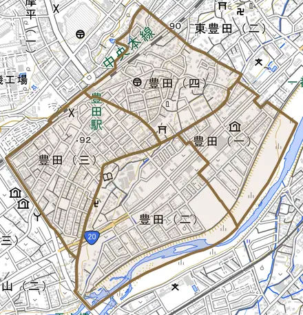 豊田とその周辺の地図。町の範囲を重ねている