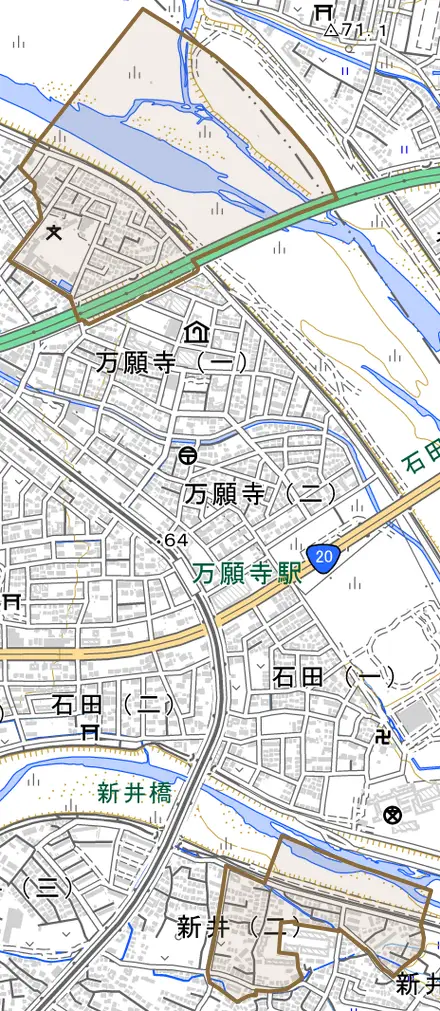 大字石田とその周辺の地図。町の範囲を重ねている