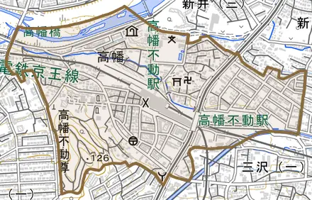 高幡とその周辺の地図。町の範囲を重ねている