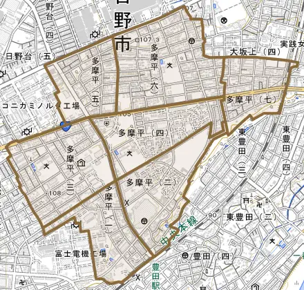 多摩平とその周辺の地図。町の範囲を重ねている
