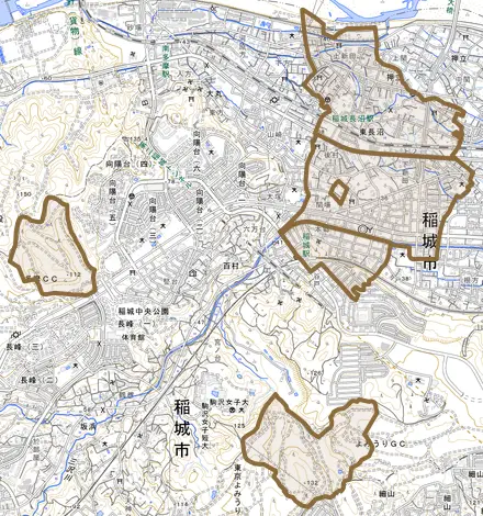 東長沼とその周辺の地図。町の範囲を重ねている