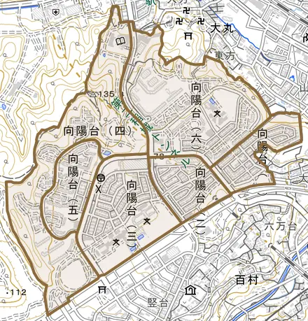 向陽台とその周辺の地図。町の範囲を重ねている