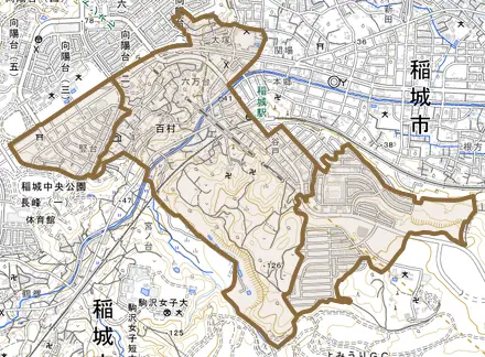 百村とその周辺の地図。町の範囲を重ねている
