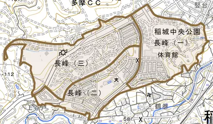 長峰とその周辺の地図。町の範囲を重ねている