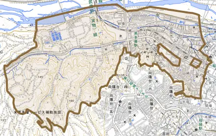 大丸とその周辺の地図。町の範囲を重ねている