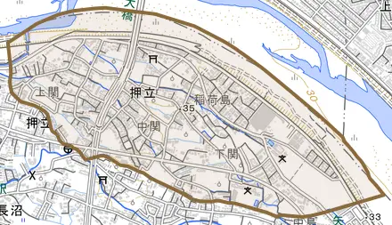 押立とその周辺の地図。町の範囲を重ねている
