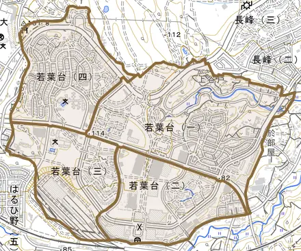 若葉台とその周辺の地図。町の範囲を重ねている