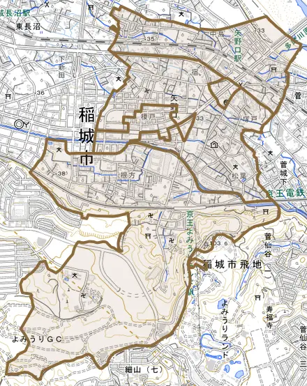 矢野口とその周辺の地図。町の範囲を重ねている
