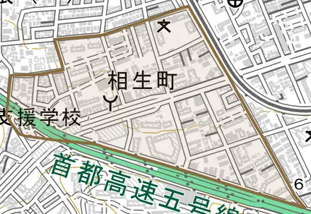 相生町とその周辺の地図。町の範囲を重ねている