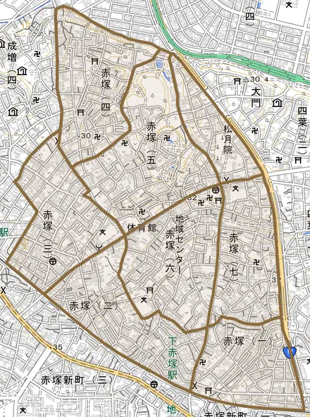 赤塚とその周辺の地図。町の範囲を重ねている