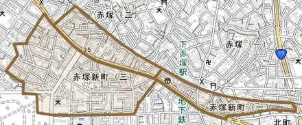 赤塚新町とその周辺の地図。町の範囲を重ねている