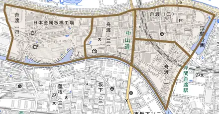 舟渡とその周辺の地図。町の範囲を重ねている