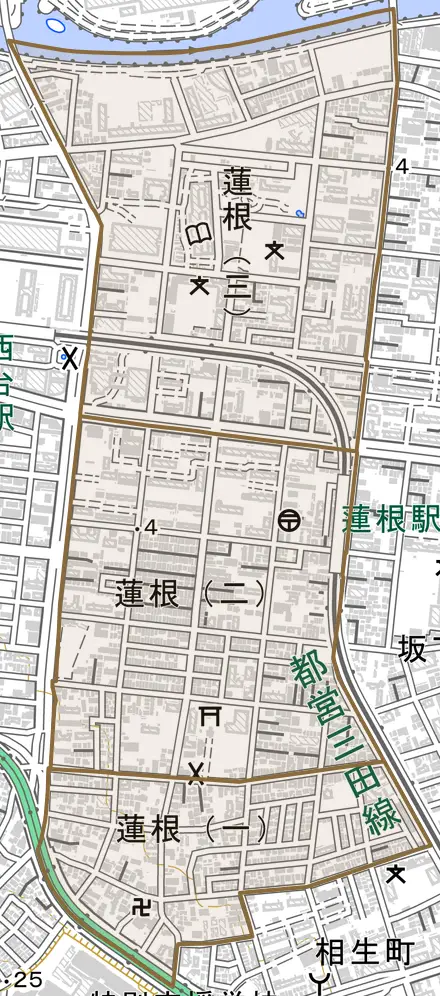 蓮根とその周辺の地図。町の範囲を重ねている