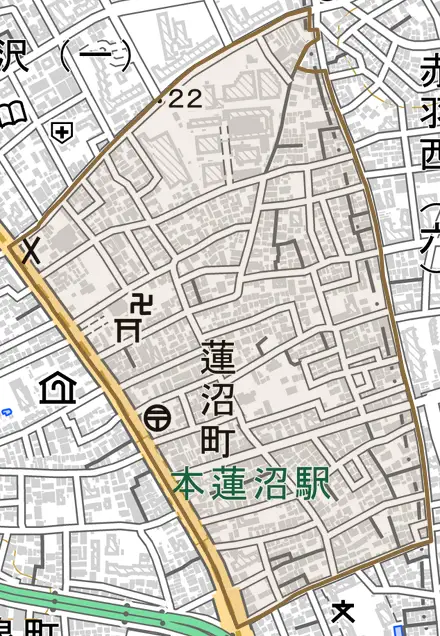 蓮沼町とその周辺の地図。町の範囲を重ねている