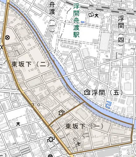 東坂下とその周辺の地図。町の範囲を重ねている