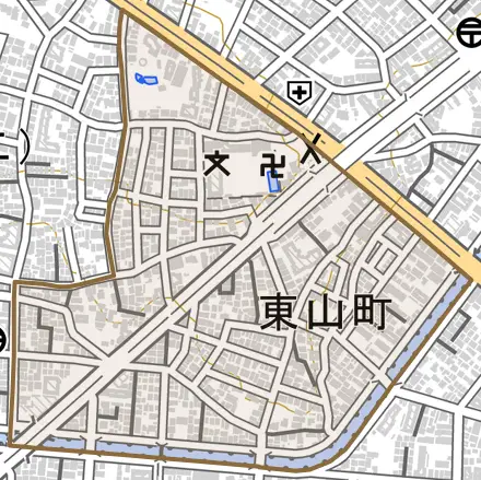 東山町とその周辺の地図。町の範囲を重ねている