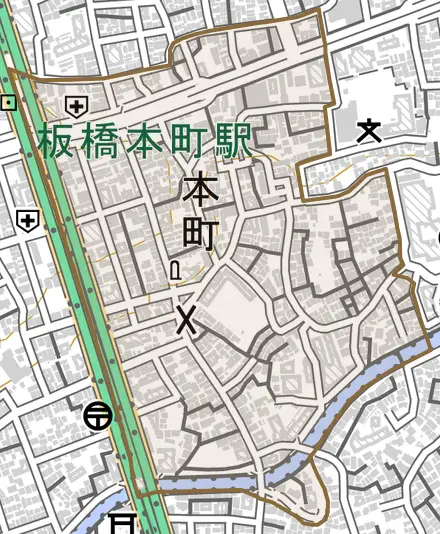 本町とその周辺の地図。町の範囲を重ねている