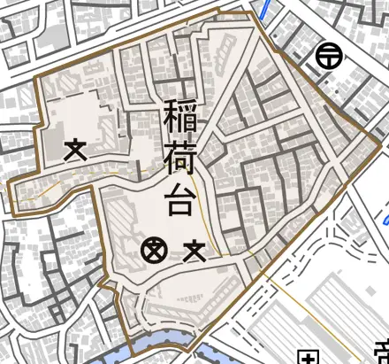 稲荷台とその周辺の地図。町の範囲を重ねている