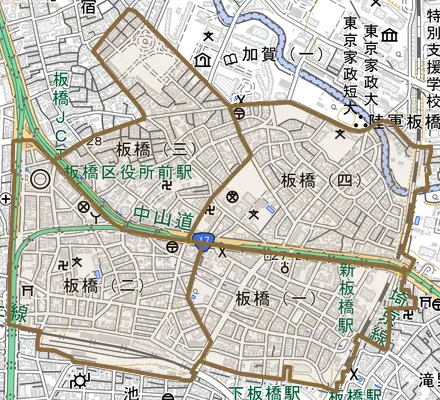 板橋とその周辺の地図。町の範囲を重ねている