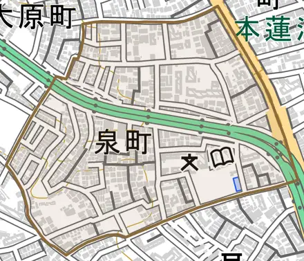 泉町とその周辺の地図。町の範囲を重ねている