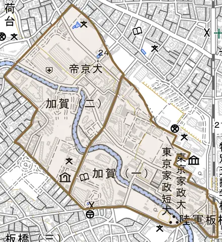 加賀とその周辺の地図。町の範囲を重ねている