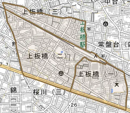 上板橋とその周辺の地図。町の範囲を重ねている
