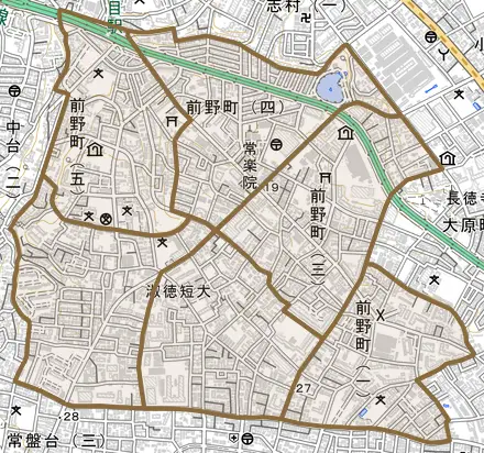 前野町とその周辺の地図。町の範囲を重ねている