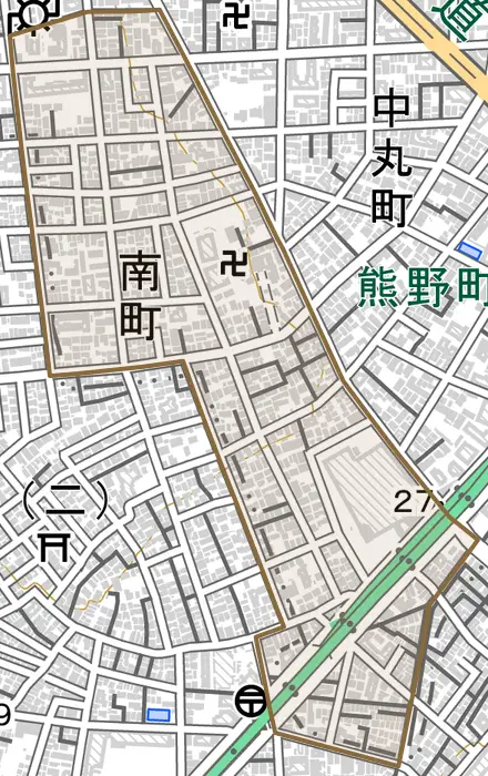 南町とその周辺の地図。町の範囲を重ねている
