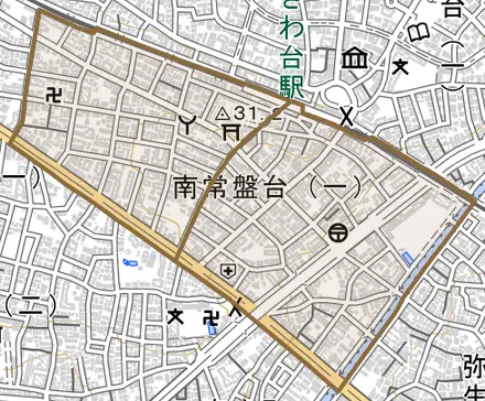 南常盤台とその周辺の地図。町の範囲を重ねている