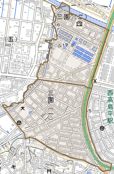 三園とその周辺の地図。町の範囲を重ねている