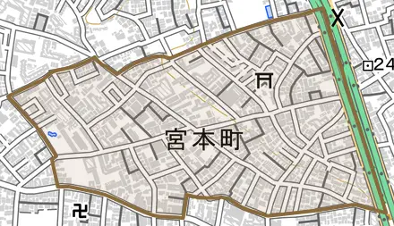 宮本町とその周辺の地図。町の範囲を重ねている