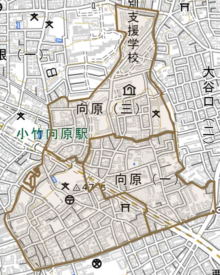 向原とその周辺の地図。町の範囲を重ねている