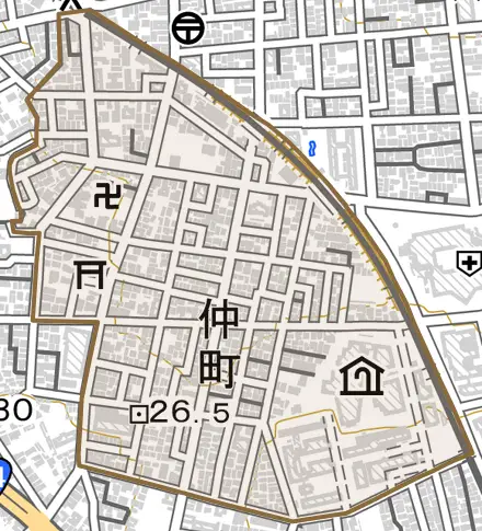 仲町とその周辺の地図。町の範囲を重ねている