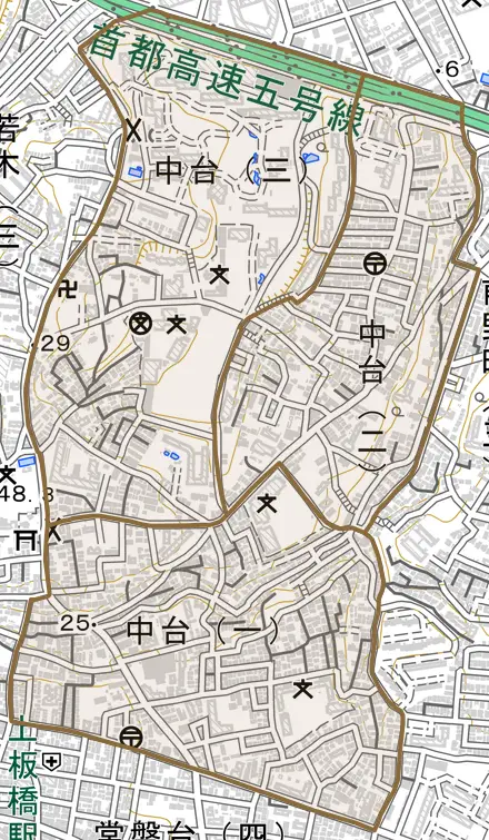 中台とその周辺の地図。町の範囲を重ねている