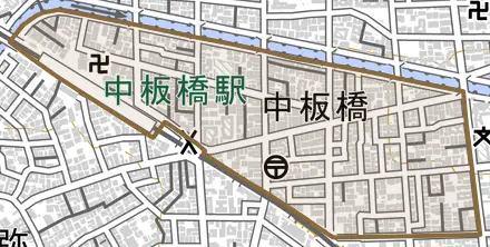 中板橋とその周辺の地図。町の範囲を重ねている