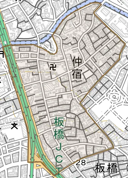 仲宿とその周辺の地図。町の範囲を重ねている