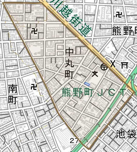 中丸町とその周辺の地図。町の範囲を重ねている