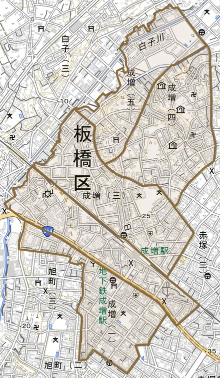 成増とその周辺の地図。町の範囲を重ねている