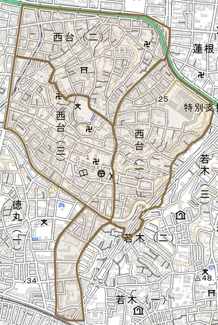 西台とその周辺の地図。町の範囲を重ねている