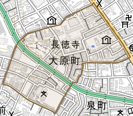 大原町とその周辺の地図。町の範囲を重ねている
