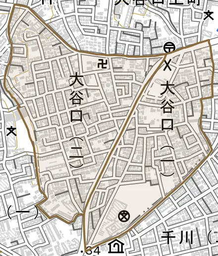 大谷口とその周辺の地図。町の範囲を重ねている