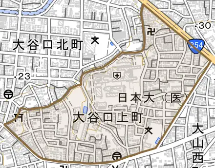 大谷口上町とその周辺の地図。町の範囲を重ねている