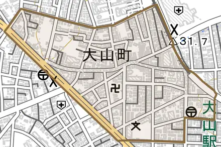 大山町とその周辺の地図。町の範囲を重ねている