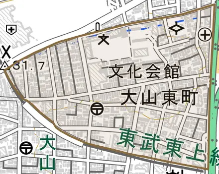 大山東町とその周辺の地図。町の範囲を重ねている