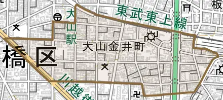 大山金井町とその周辺の地図。町の範囲を重ねている