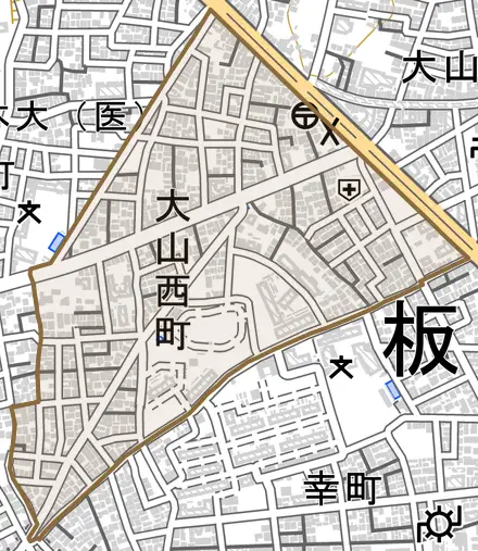 大山西町とその周辺の地図。町の範囲を重ねている