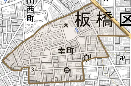幸町とその周辺の地図。町の範囲を重ねている