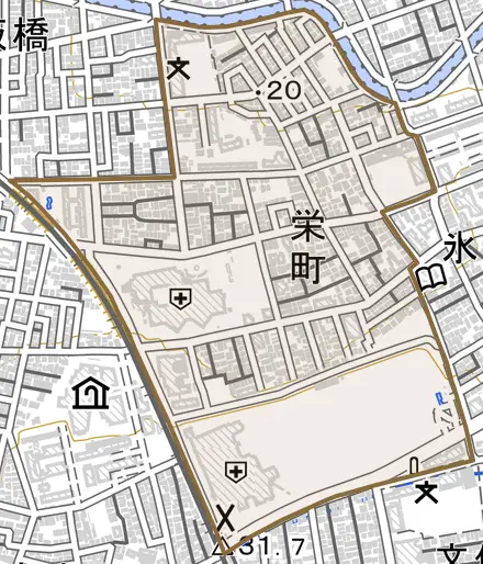 栄町とその周辺の地図。町の範囲を重ねている