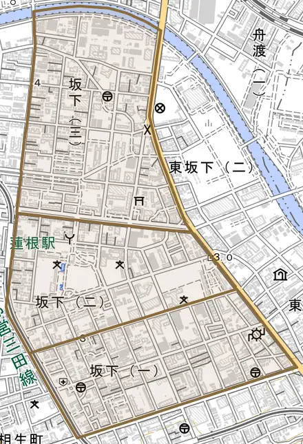 坂下とその周辺の地図。町の範囲を重ねている