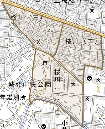 桜川とその周辺の地図。町の範囲を重ねている